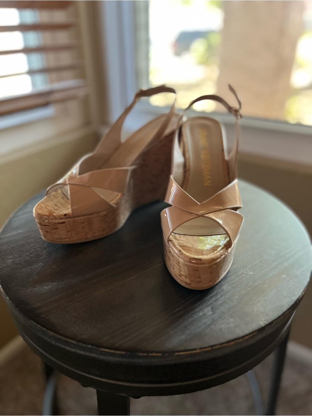 Stuart Weitzman Nude Patent Cork Wedge Sandals